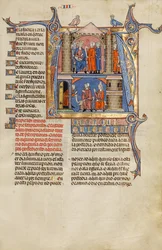 Initial A- Two Men before a King and A Man Speaking to a Family